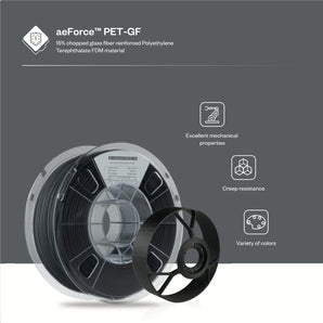 Phaetus aeForce PET-GF black 1kg spool showing 15% chopped glass fiber reinforced PET filament benefits