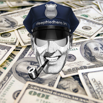 deepfriedhero.in gift card artwork with police hat logo over a background of US dollar bills