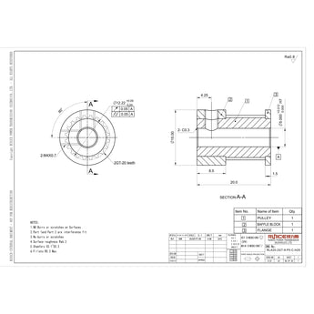 Runice RLA20-2GT-9-P5-C-H20 technical drawing for 20T 2GT timing pulley, 5mm bore, 9mm belt width