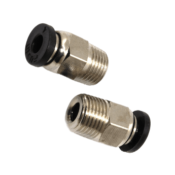 Two PC4-01 / PC4-M10 metal pneumatic Bowden fittings with black push collars for 4 mm PTFE or FEP tube