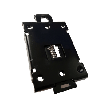 Black metal SSR DIN rail mounting bracket with spring release latch and relay screw holes