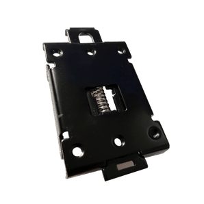 Black metal SSR DIN rail mounting bracket with spring release latch and relay screw holes