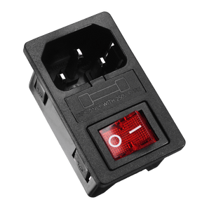 Black panel-mount IEC320 C14 male power inlet with red rocker switch and integrated 250V fuse holder