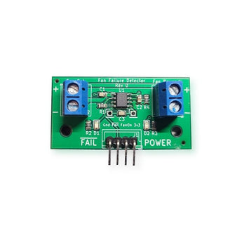 Green Fan Failure Detector PCB with MAX6684 IC, blue fail and power screw terminals, and 4-pin JST header