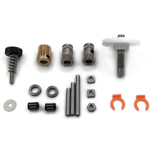 Runice BMG-style extruder component kit with drive gears, shafts, bearings, tension screw, spring, washer, nuts, and retaining clips