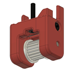 CAD render of red two-piece Voron V2 Z belt tensioner assembly with 20T idler and socket-head hardware