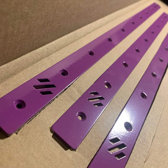 Purple powder-coated steel extrusion backers for Voron V2.4 and Trident
