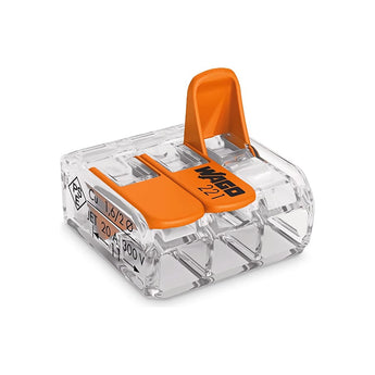 WAGO 221-413 3-conductor COMPACT splicing connector with transparent housing, three orange side-entry levers, and 4 mm² / 24-12 AWG body.