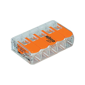WAGO 221-415 5-conductor COMPACT splicing connector, transparent housing, five orange side-entry levers on a 4 mm² / 24-12 AWG body.
