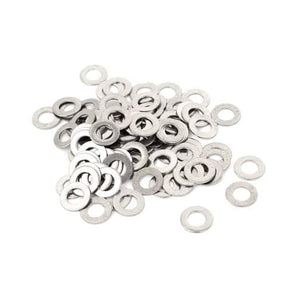 Pile of thin silver metric shim washers for precision spacing